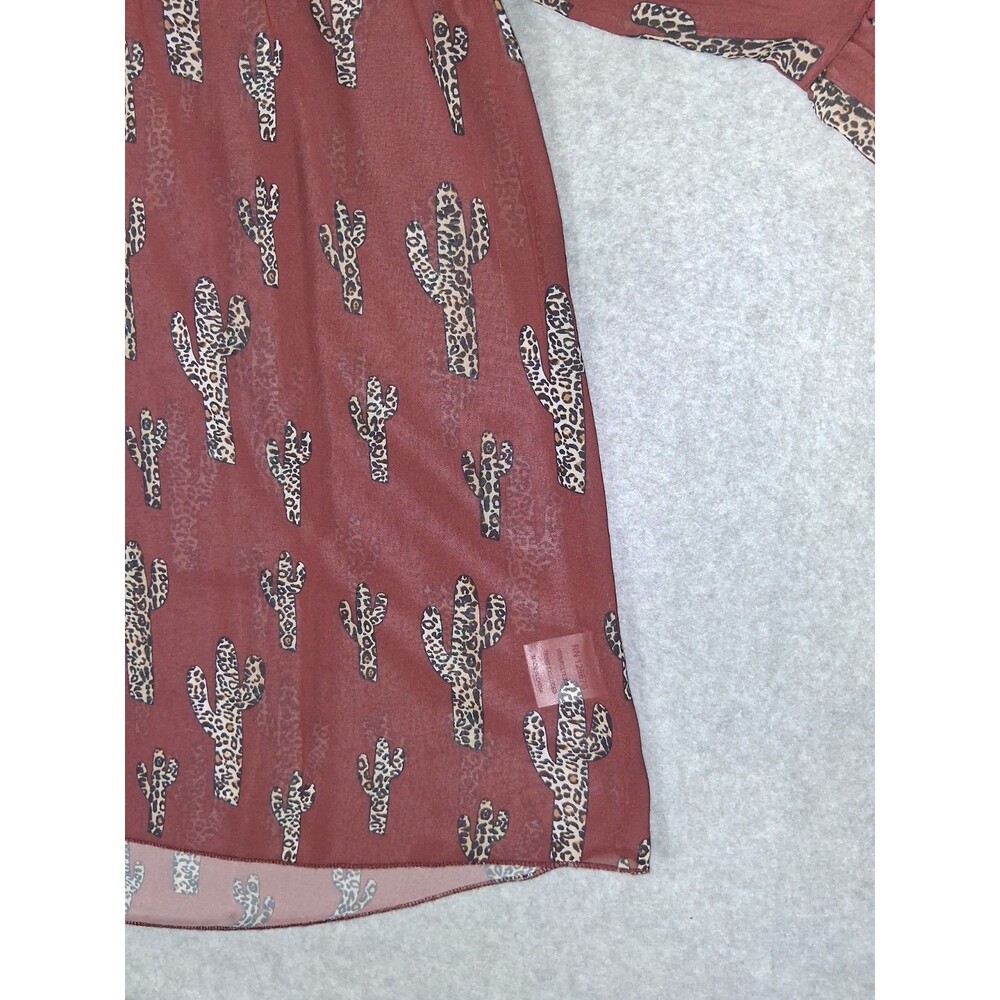 Cowgirl Hardware 3/4 Flutter Sleeve Sheer Blouse XXL Brown Leopard Catus Western - Picture 5 of 13